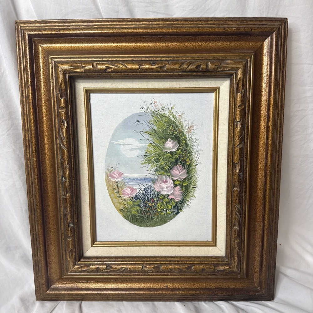 VTG Signed Emily Floral Seascape Coastal Oil Painting Gallery Ornate Gold Frame